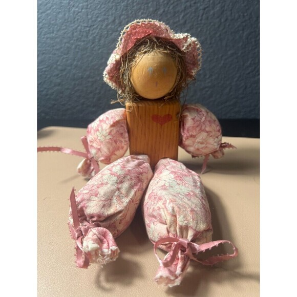 Vintage Handmade Wooden Rag Doll - Shabby Chic Country Decor Rustic Farmhouse - Picture 1 of 2
